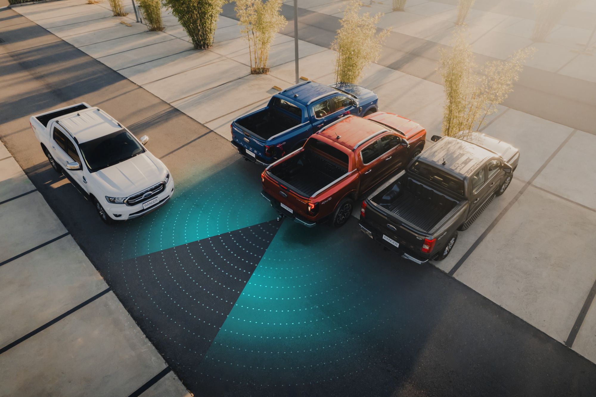 Ilustração CGI do alerta de tráfego cruzado do Ford Ranger 2024